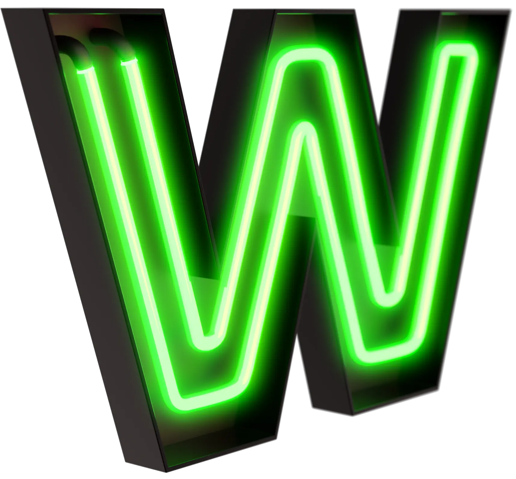 Närbild på en grön neonskylt i form av bokstaven W – ett exempel på dekorativa fasadskyltar med LED-neon, perfekt för att synas i mörker.