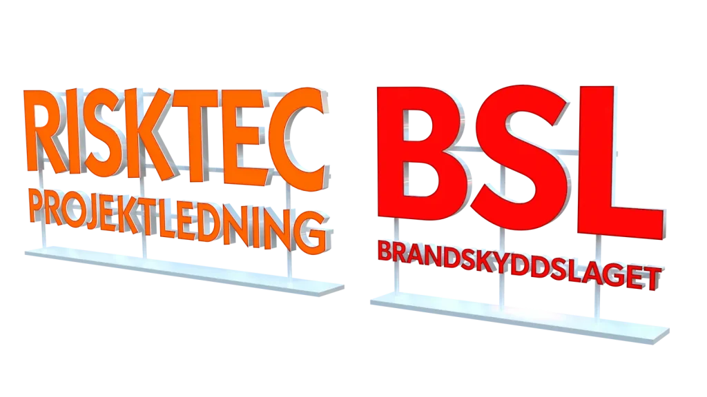 Företagsskylt kontor inomhus för Risktec & BSL 3D visualisering framsida.